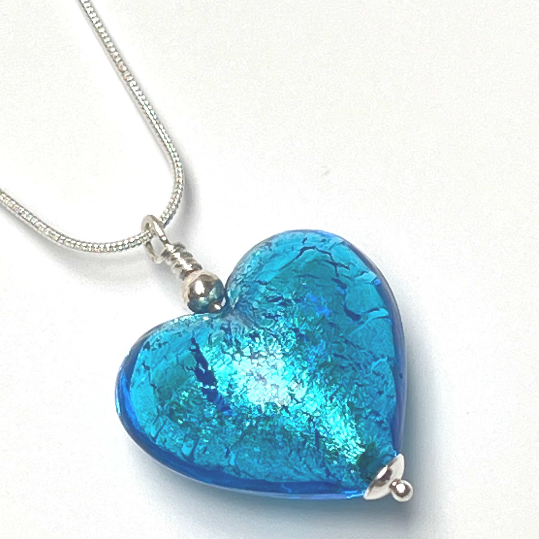 Murano Glass Heart Large Pendant  - Bright Blue Crackle - Majestico Gifts