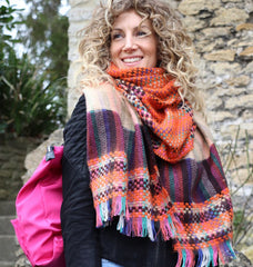 Orange Mix Woven Check Fringe Scarf