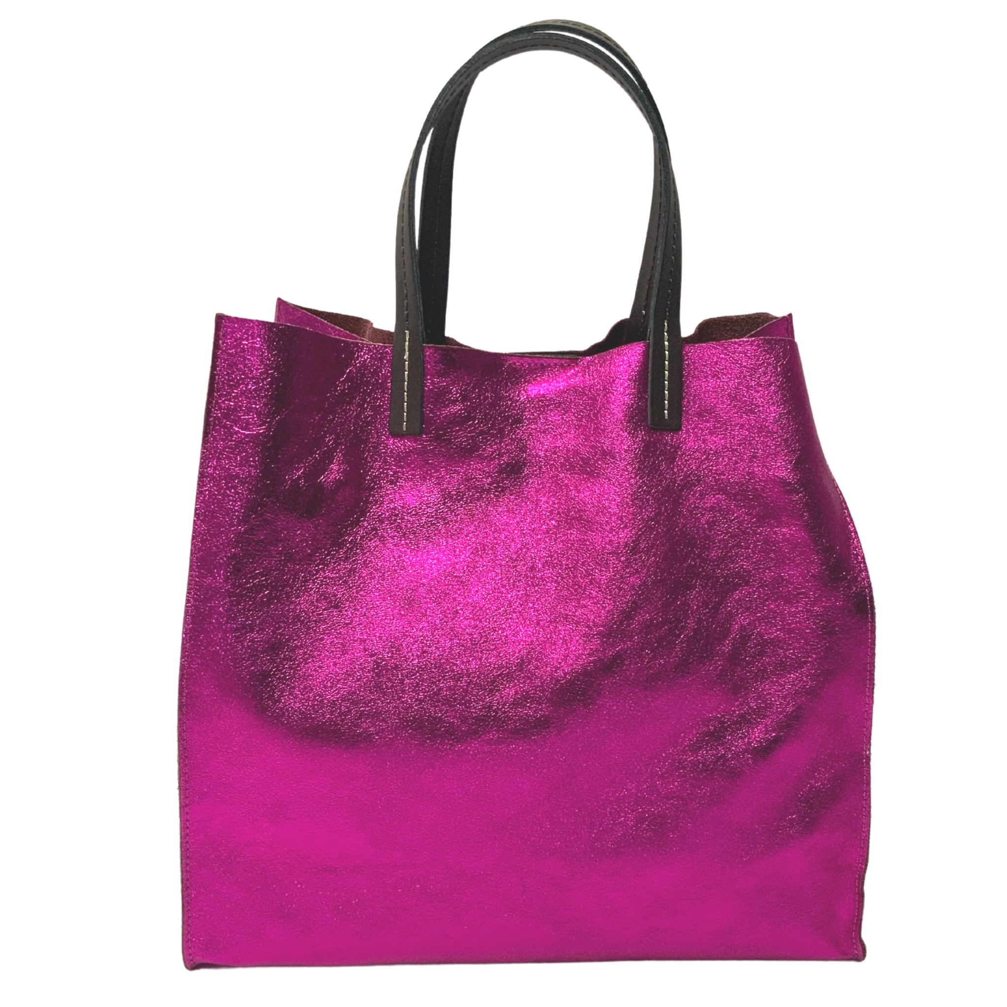 Stella - Leather  Metallic Handbag with Pouch - Fuchsia Pink