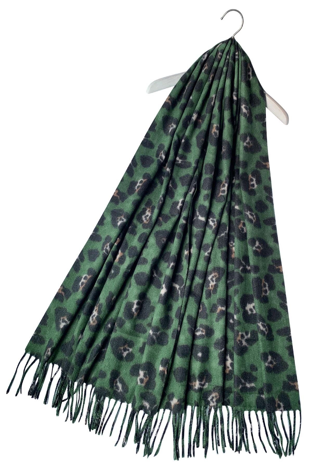 Warm Leopard Wool Scarf with Tassels Scarf - Green - Majestico Gifts