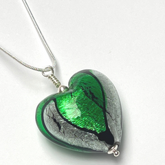 Murano Glass Heart Large Pendant  - Emerald & Silver - Majestico Gifts