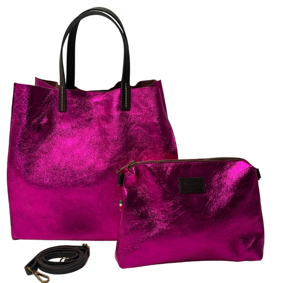 Stella Leather Metallic Handbag with Pouch Fuchsia Pink