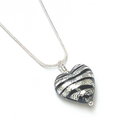 Murano Glass Heart Pendant - Black Silver Waves - Majestico Gifts