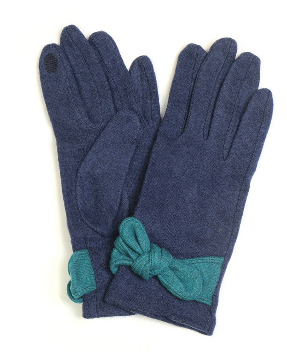 Deep Blue Wool Mix Glove with Aqua Bow Trim - Majestico Gifts