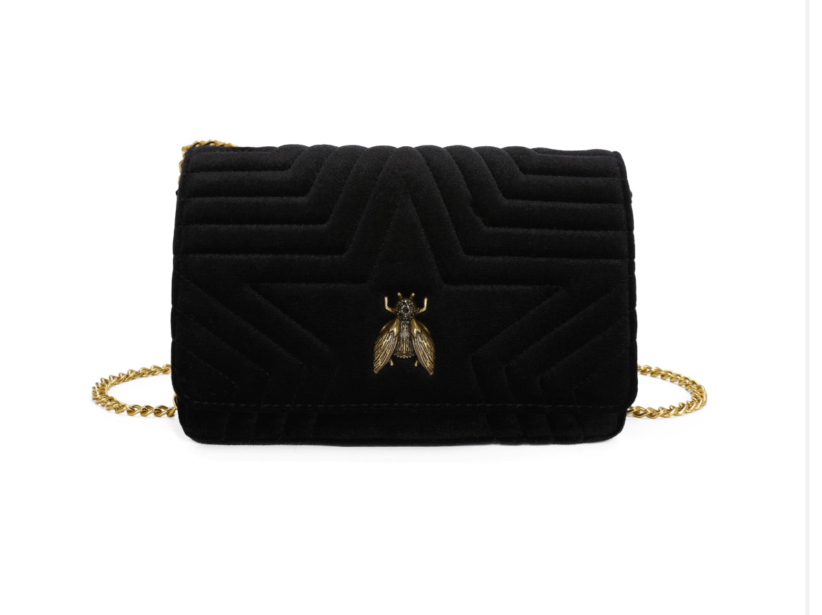 Valentina Velvet Bee Shoulder/Clutch  Bag - Black - Majestico Gifts