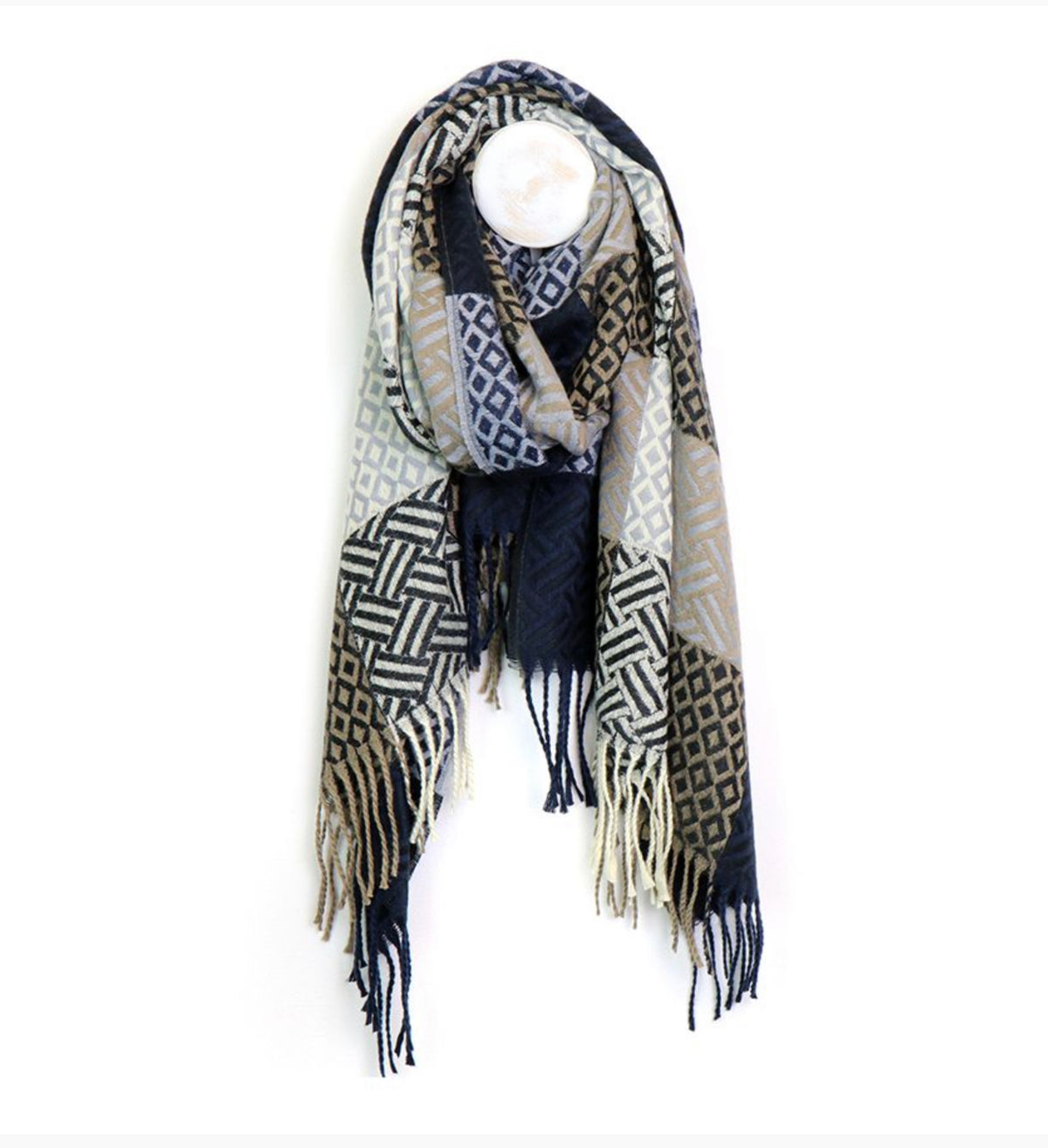 Blue and Taupe Mix Geo Tile Effect Warm Scarf