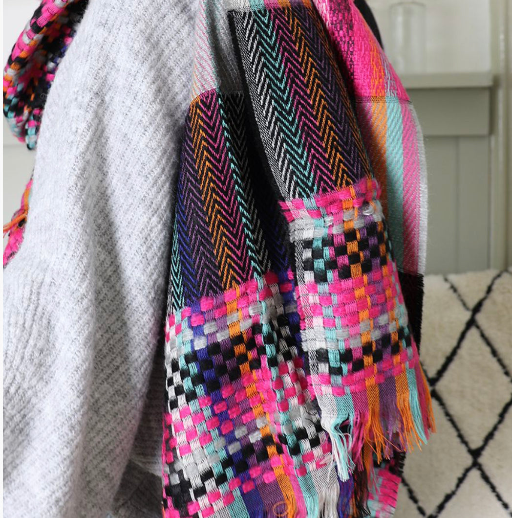 Pink Mix Woven Check Fringe Scarf