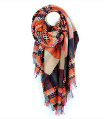 Orange Mix Woven Check Fringe Scarf