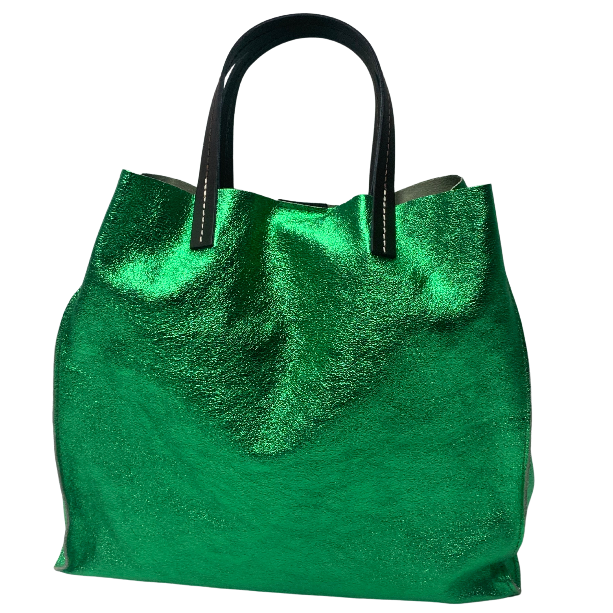 Stella - Leather  Metallic Handbag with Pouch - Emerald Green