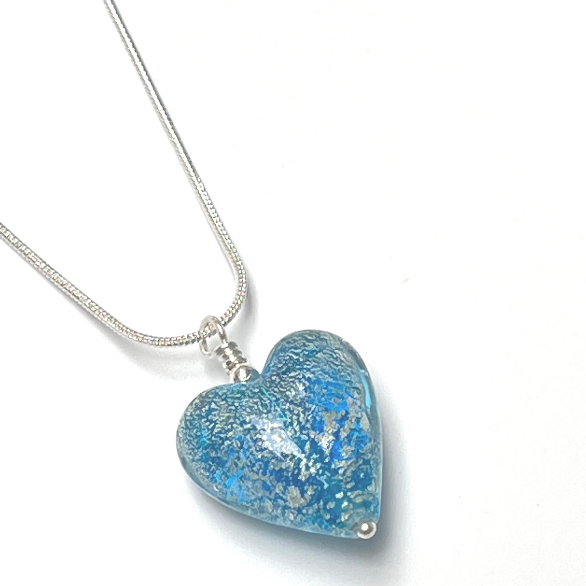 Murano Glass Heart Pendant - Aquamarine Blue Crackle - Majestico Gifts