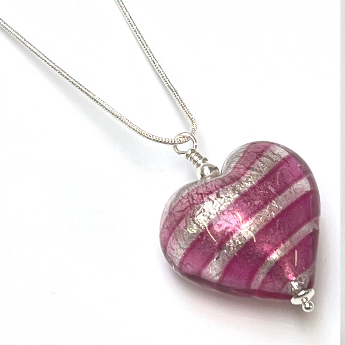 Murano Glass Heart Large Pendant  - Raspberry Silver Stripe - Majestico Gifts