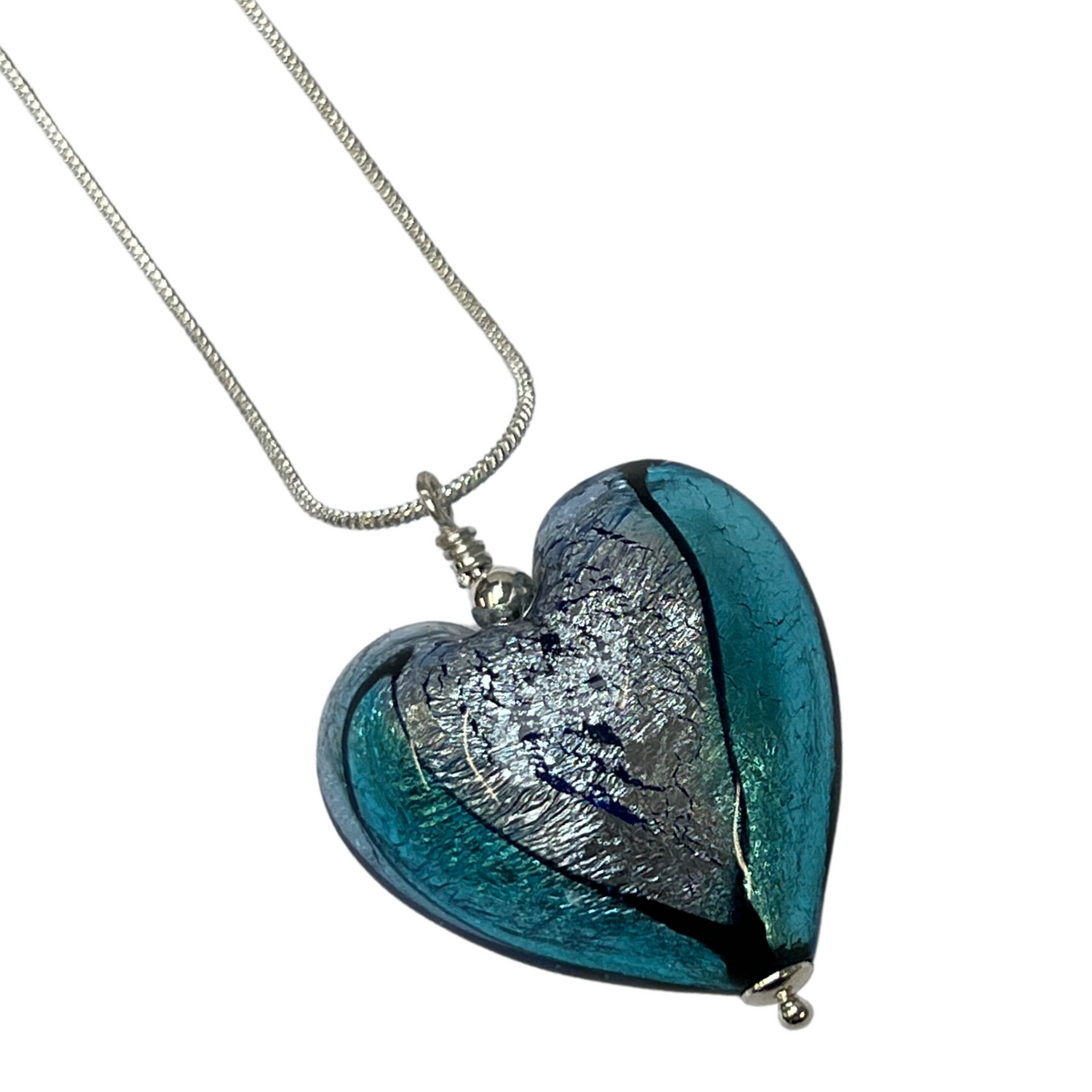 Murano Glass Heart Large Pendant  - Blue, Silver, Black design - Majestico Gifts