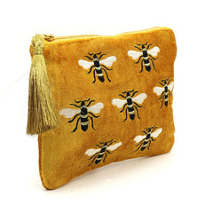 Mustard Velvet Embroidered Bee Purse - Majestico Gifts