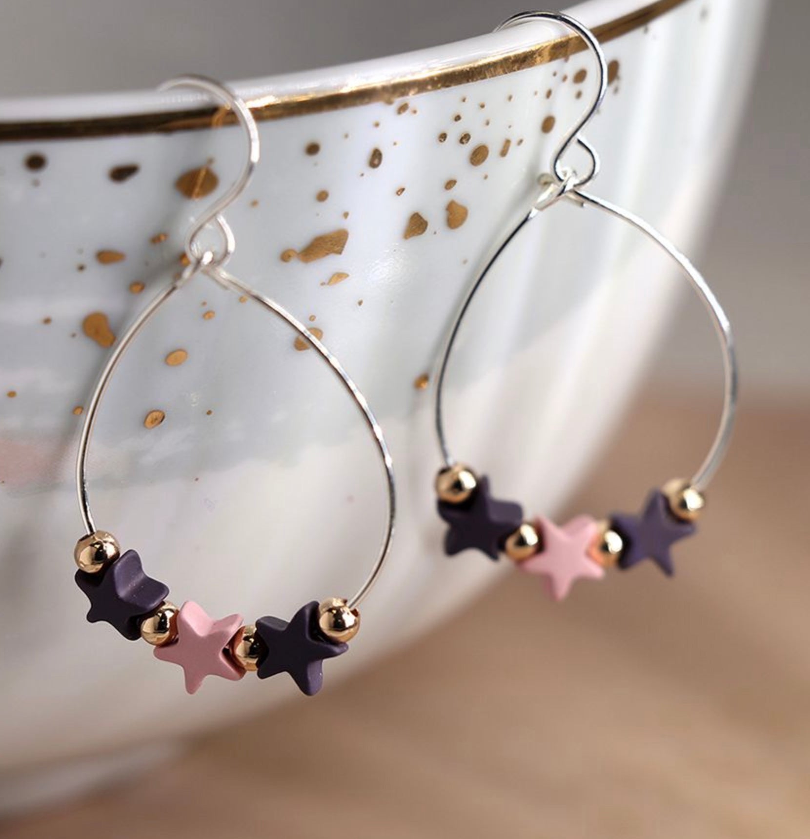 Silver Wire Teardrop Earrings with Pink and Purple Stars