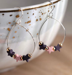 Silver Wire Teardrop Earrings with Pink and Purple Stars