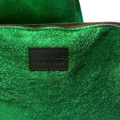 Stella - Leather  Metallic Handbag with Pouch - Emerald Green