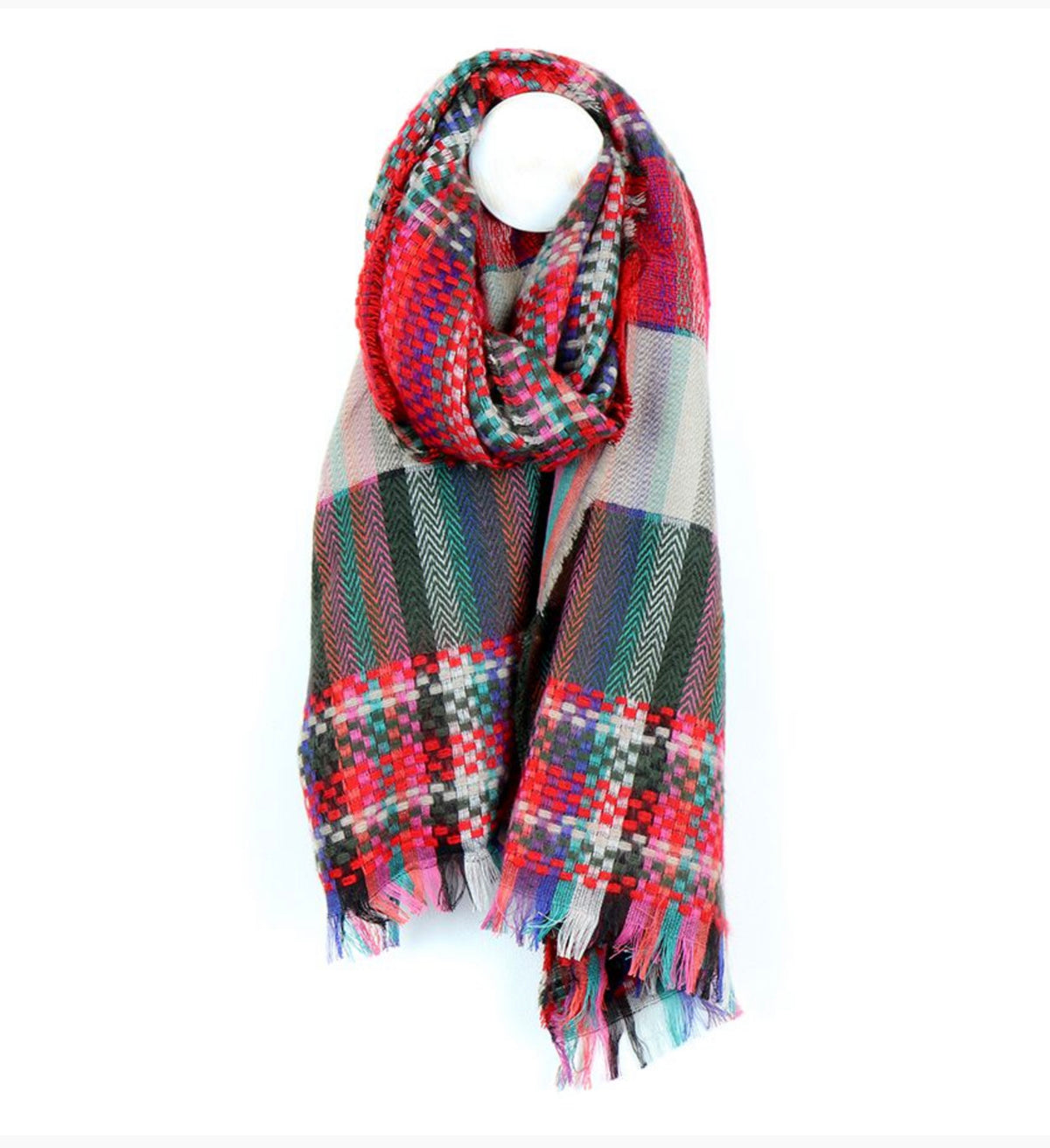 Red Mix Woven Check Fringe Scarf
