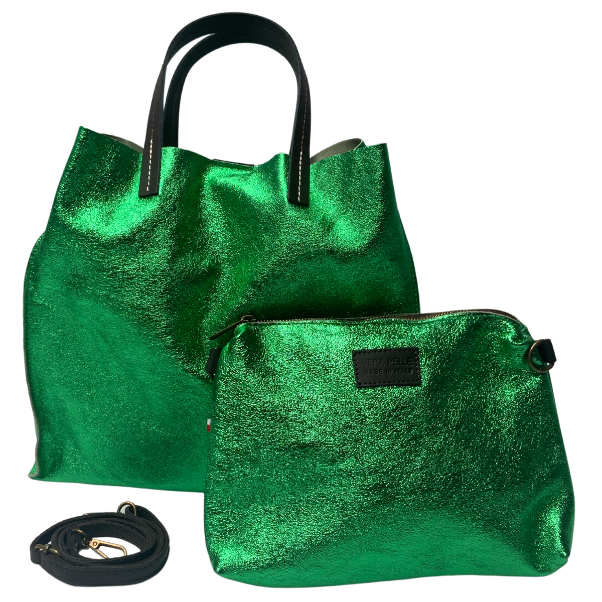 Stella - Leather  Metallic Handbag with Pouch - Emerald Green