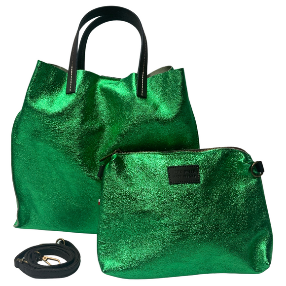 Stella Leather Metallic Handbag with Pouch Emerald Green