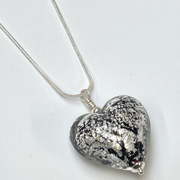 Murano Glass Heart Large Pendant - Black & Silver Sparkle 18 Snake Chain