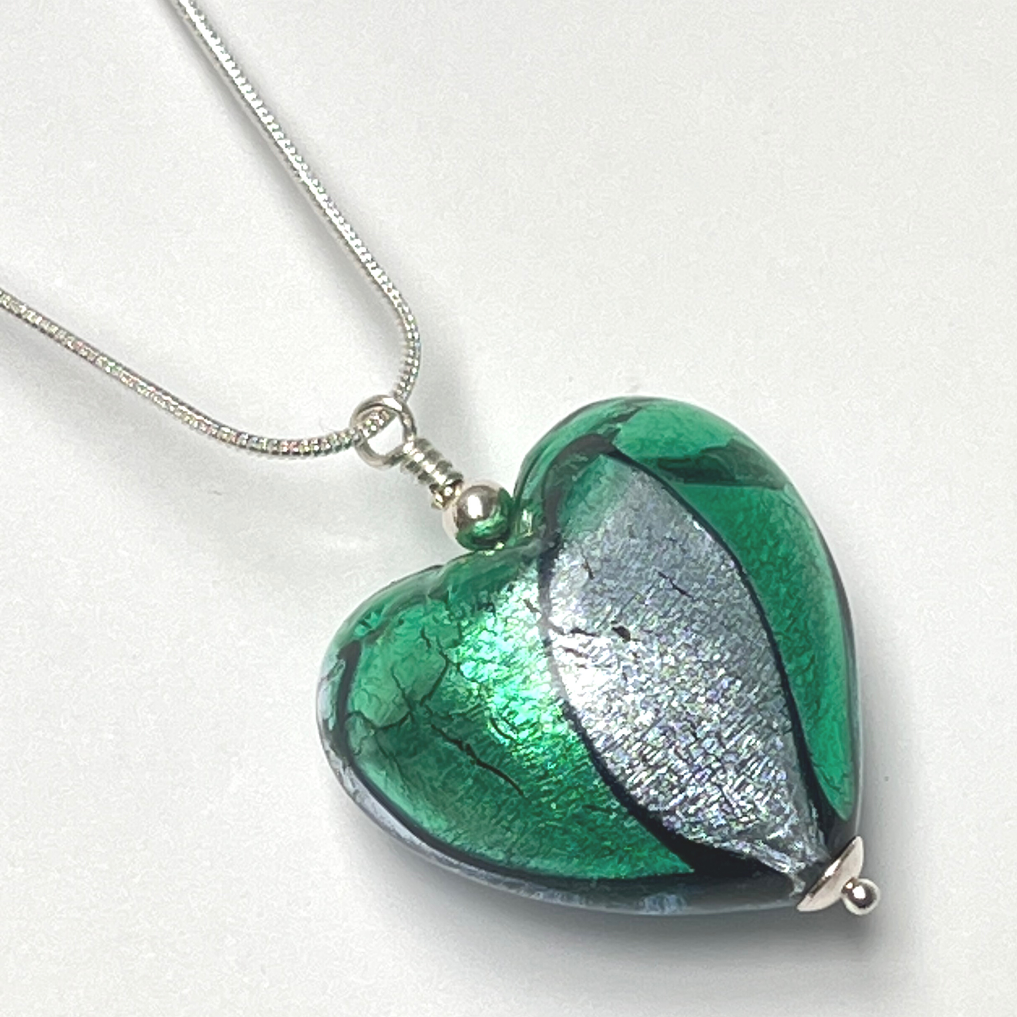 Murano Glass Heart Large Pendant  - Emerald & Silver - Majestico Gifts