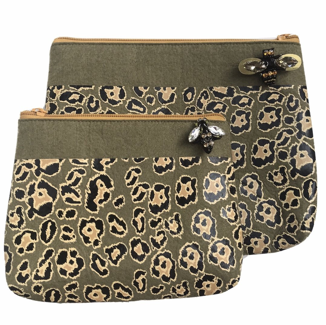 Leopard Print Cosmetics Bag in Military Olive - Majestico Gifts