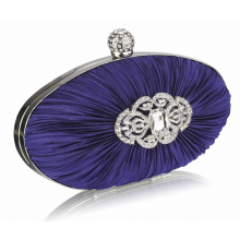 Navy Crystal Satin Rouched Hard Case Evening Bag - Majestico Gifts