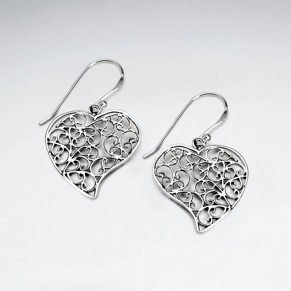 Ornate Filigree Oxidized Dangle Hook Earrings - Sterling Silver - Majestico Gifts